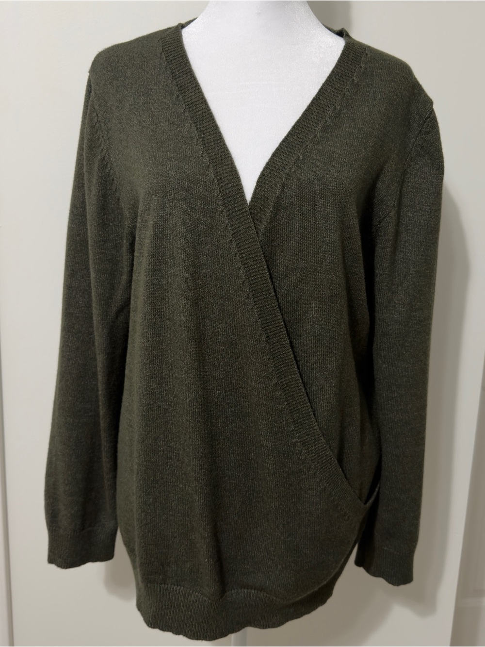 Wrap Front Olive Green V-Neck Cardigan Sweater